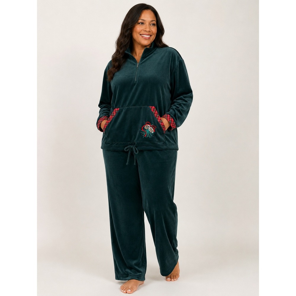 Bobbie Brooks Pajama Set Women Plus Green Velvet Plaid Trim Holiday Quarter Zip